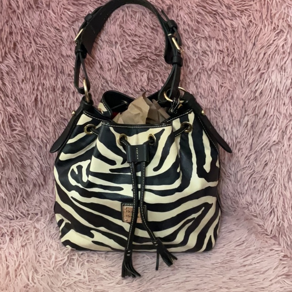 Vintage Dooney & Bourke - Zebra-Print Drawstring Bucket Bag - Black & Cream